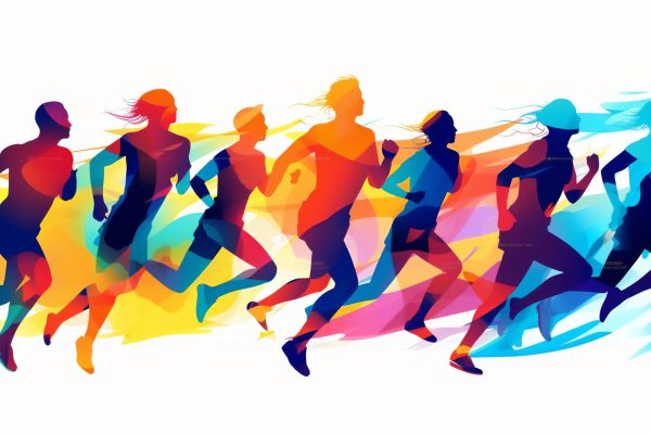 Female and male athlete runners doing a training exercise for a sports race event by jogging and running shown in a contemporary athletic abstract design, Generative AI stock illustration image